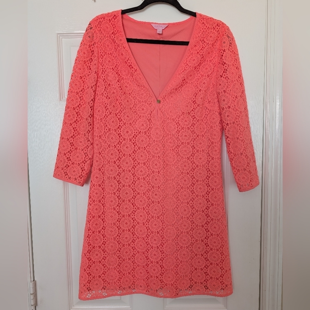 LILLY PULITZER Crochet Overlay V-neck 3/4 Sleeve A-line Dress